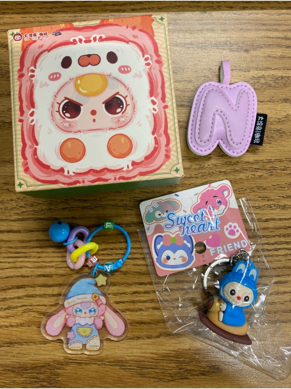 Baby Three Little Mahjong, Blue Labubu Keychain, BB3 and Letter N Keychain